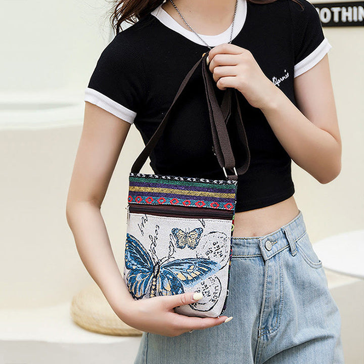 Bolso bandolera de lona bordado con mariposa de elefante, bolso bandolera