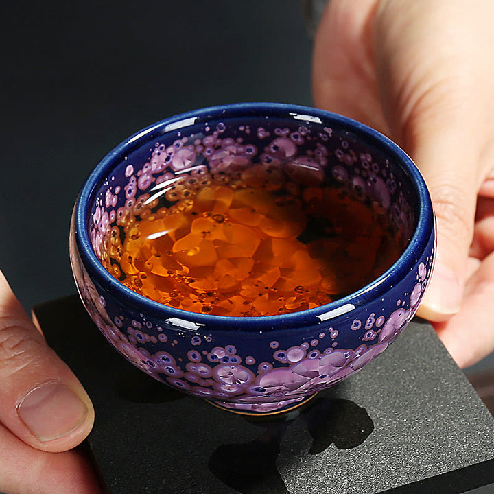Taza de té de porcelana con Buddha Stones, flores de Iris coloridas, horno chino Jianzhan, cambio, Tenmoku, Kung Fu