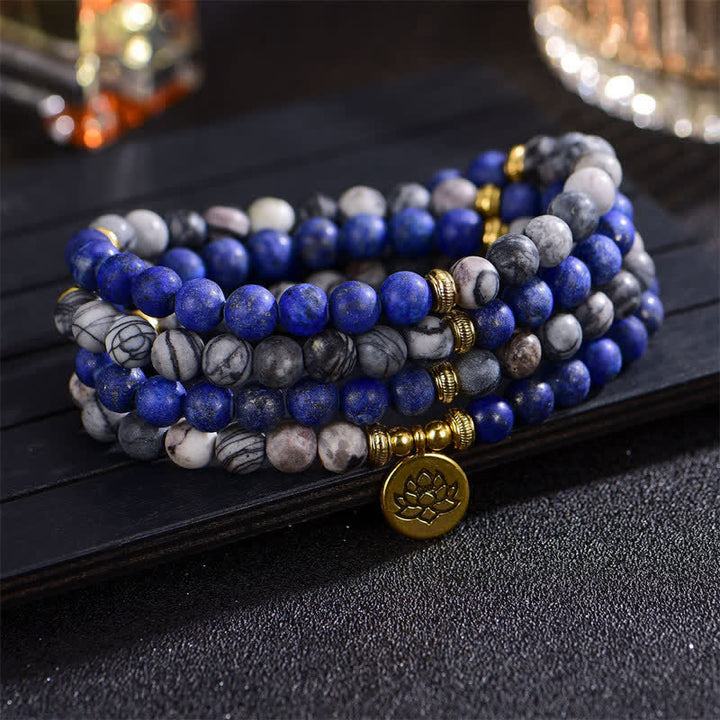 Buddha Stones Lazurita Jaspe Picasso Amazonita Rodonita Apatita Pulsera de cuentas de oración de loto positivo