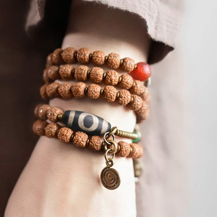 108 cuentas de Mala Rudraksha, semilla Bodhi, cuentas Dzi, pulsera de borlas de buena suerte
