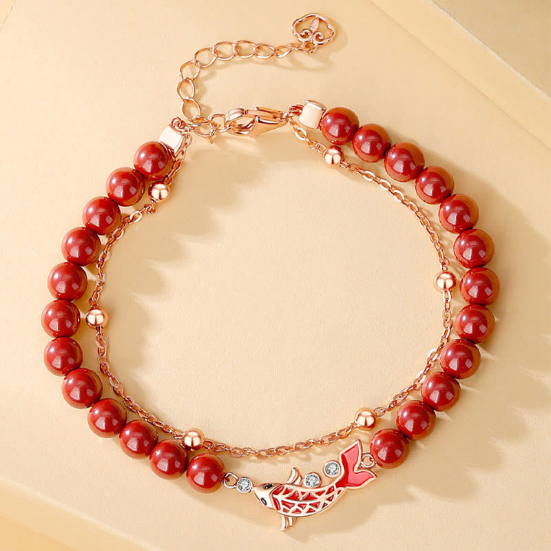 Pulsera de cadena de doble capa de plata de ley 925 con Buddha Stones , pez Koi de la suerte, circonita cinabrio, prosperidad