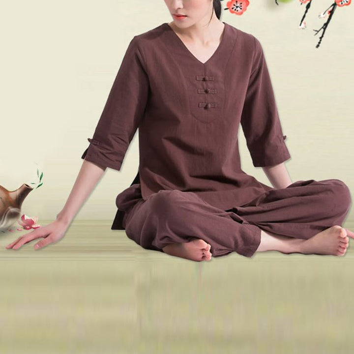 Conjunto de ropa de lino y algodón con diseño de cuello en V para mujer, uniforme de práctica Zen, Buddha Stones, Yoga, meditación y oración