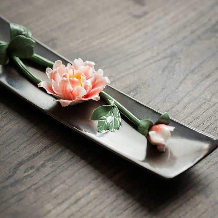 Quemador de incienso espiritual de cerámica con flor de rosa y peonía de loto