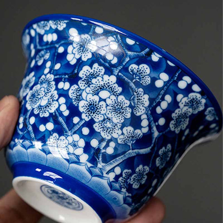 Taza de té de cerámica Gaiwan Sancai, taza de té de Kung Fu y platillo con tapa, Buddha Stones, flor de ciruelo, porcelana azul y blanca, 185ml