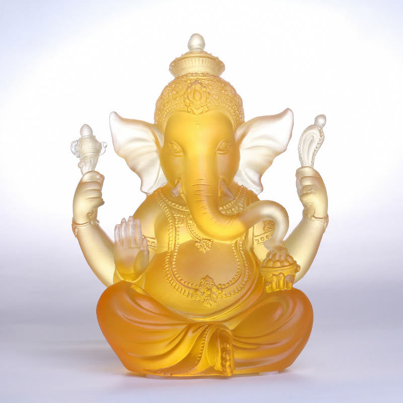 Buddha Stones hechas a mano, Ganesh Ganpati, estatuilla de elefante Liuli, pieza de arte con cristal, estatua de protección, decoración del hogar - Ganesh Color Ámbar 11,5*9*14,5 cm - image 0