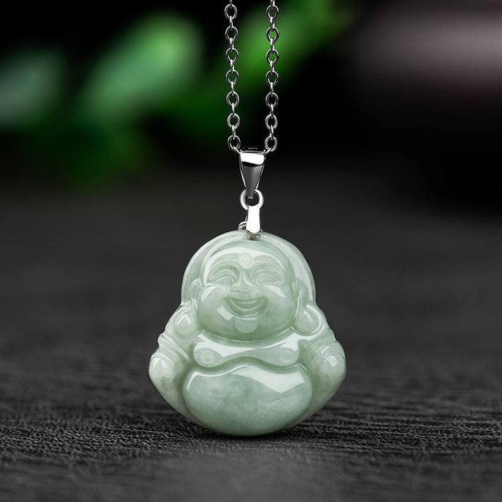 Collar con colgante de cadena de acero y titanio con Buddha Stones sonriente y bendición de jade - Jade natural (el color puede variar) - image 0