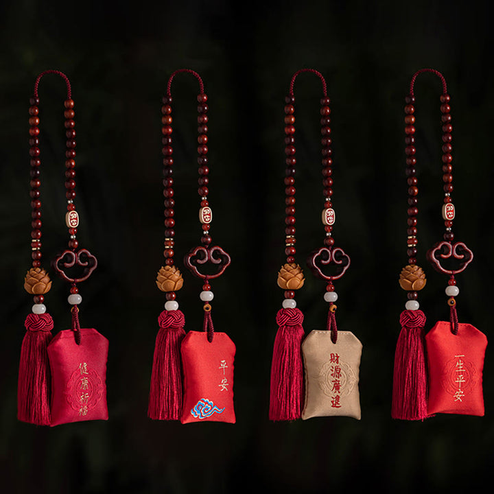 Buddha Stones tibetanas, hoja pequeña, sándalo rojo, loto, cinabrio, bolsita de protección, borla, decoración colgante para coche