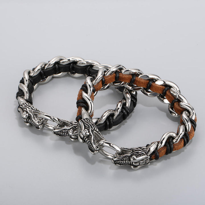 Pulsera trenzada de la suerte con protección de acero titanio y cuero de dragón
