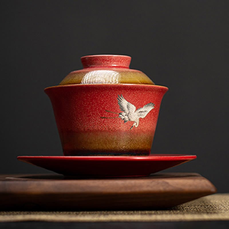 Taza de té y platillo con tapa, Gaiwan Sancai de cerámica con grulla roja, Buddha Stones, Kung Fu