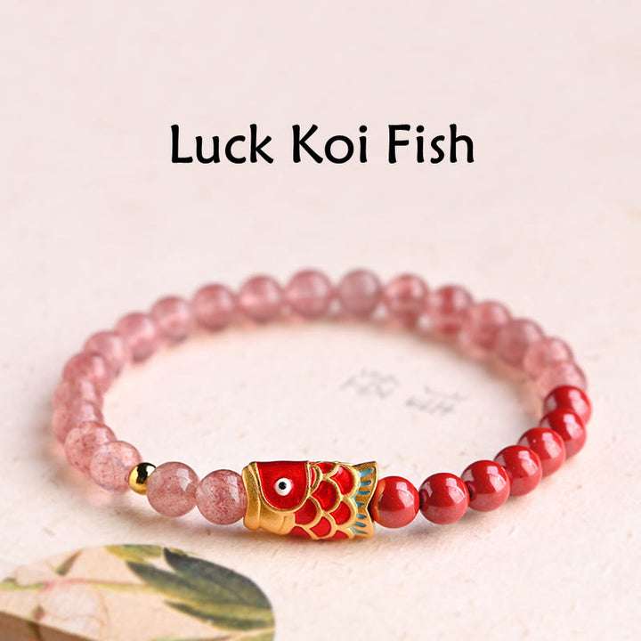 Pulsera curativa de peces Koi de la suerte, cinabrio, cuarzo fresa Natural, Buddha Stones