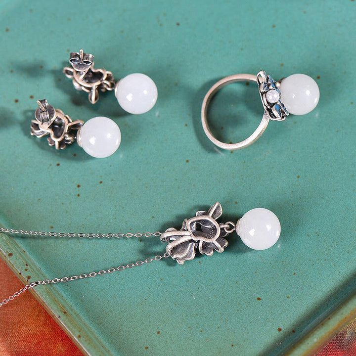 Buddha Stones Jade blanco Plata de ley 925 Perla Flor Bendición Collar Colgante Anillo Pendientes