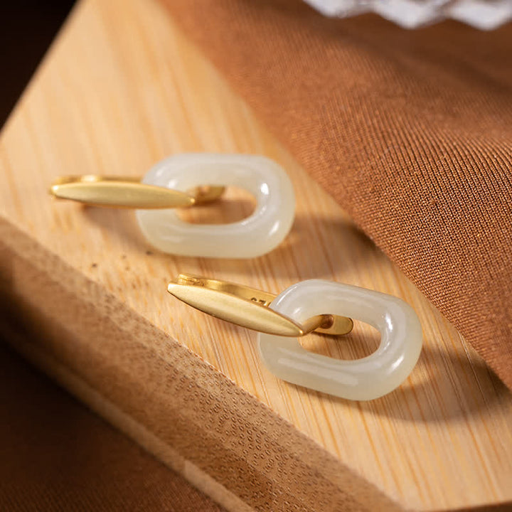 Pendientes de bendición de la felicidad de jade blanco redondo de plata de ley 925 con Buddha Stones
