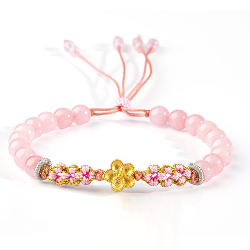 Pulsera de plata de ley 999 con Buddha Stones , ágata roja natural, cristal rosa, flor de cerezo