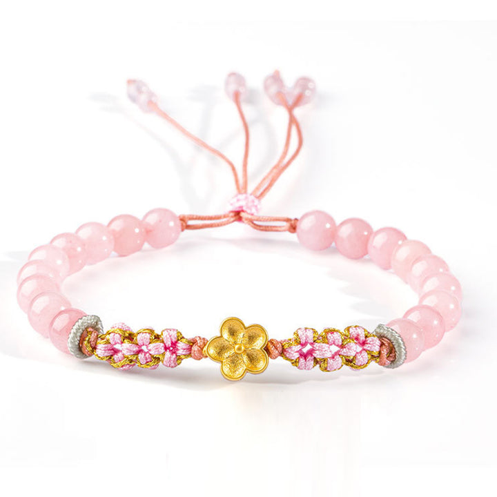 Pulsera de plata de ley 999 con Buddha Stones , ágata roja natural, cristal rosa, flor de cerezo