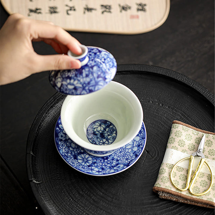 Taza de té y platillo de cerámica Gaiwan Sancai, porcelana azul y blanca Vintage, Buddha Stones , Kung Fu, con tapa