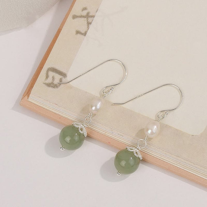Pendientes de sabiduría de jade y perlas naturales de plata de ley 925 con Buddha Stones