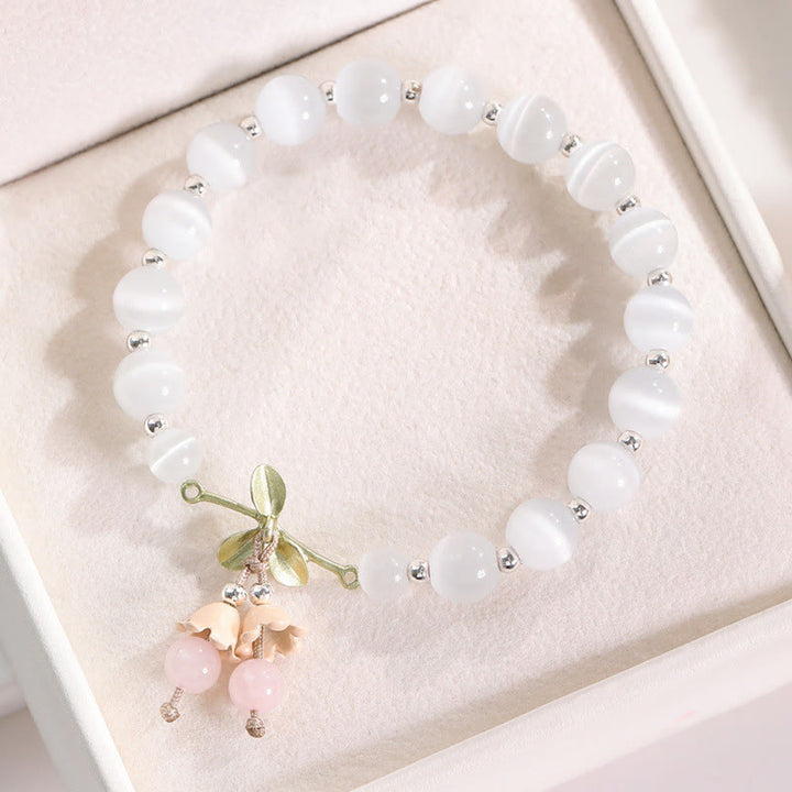 Pulsera con dije de orquídea de la paz, cristal rosa, calcedonia azul, aventurina verde, ojo de gato , Buddha Stones - Ojo de gato y cristal rosa - image 3