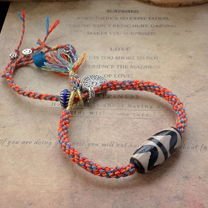 Pulsera trenzada de protección de cuentas Dzi hecha a mano Om Mani Padme Hum de plata de ley 925 tibetana