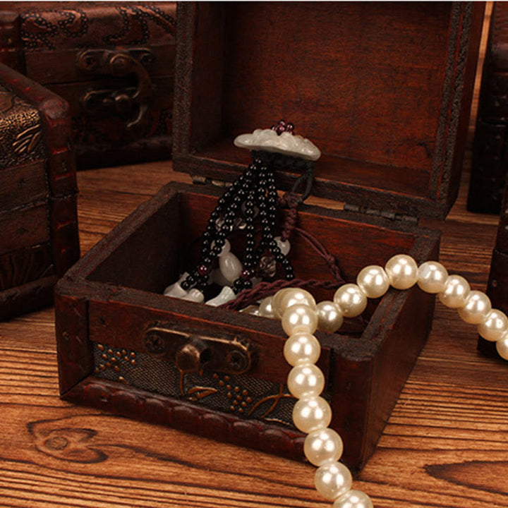 Caja de joyería de madera cuadrada pequeña Retro con Buddha Stones , flor de loto, uva, cobre, moneda, narciso, caja de almacenamiento de joyería