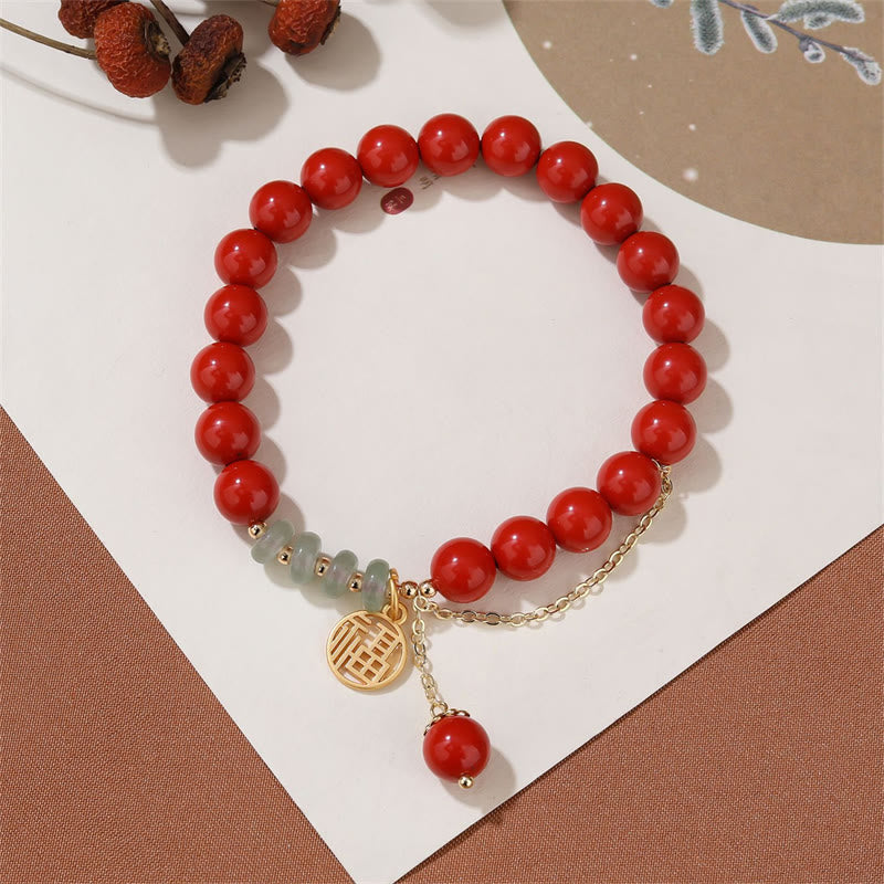 Pulsera Calma De Jade Con Carácter Fu Auspicioso Cinabrio De Buddha Stones