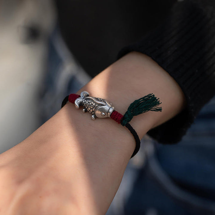 Pulsera trenzada de pez koi de la suerte de plata de ley 925 con Buddha Stones