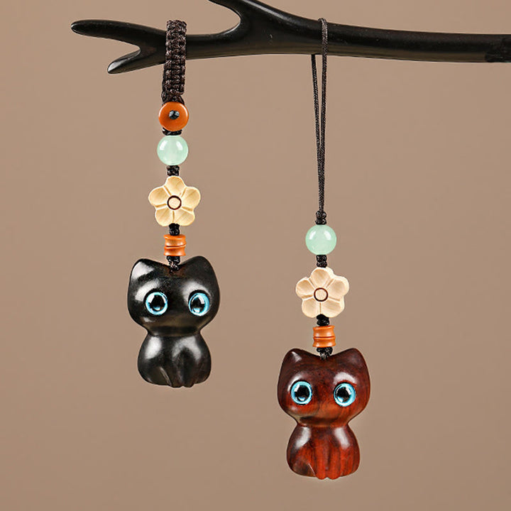 Buddha Stones, Mini hoja pequeña, sándalo rojo, madera de ébano, gato de la suerte, gatito encantador, llavero de la paz, decoración colgante para teléfono