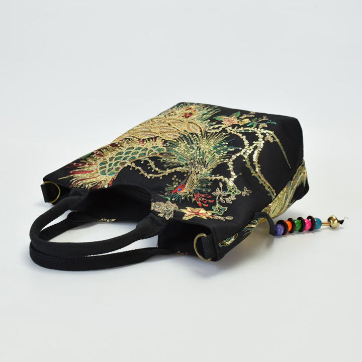 Bolso de mano con bordado de doble cara de pavo real con Buddha Stones, bolso bandolera