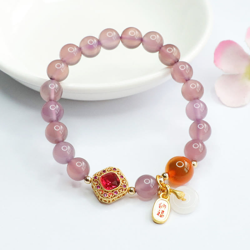 Buddha Stones, Calcedonia púrpura Natural, ágata de caramelo, hebilla de la paz, pulsera con amuleto de la suerte y la armonía
