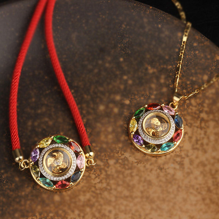 Buddha Stones colorido circón cobre riqueza suerte rotación pulsera collar colgante