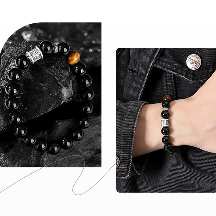 Pulsera de cumplimiento Om Mani Padme Hum de ojo de tigre de obsidiana negra de plata de ley 999 con Buddha Stones