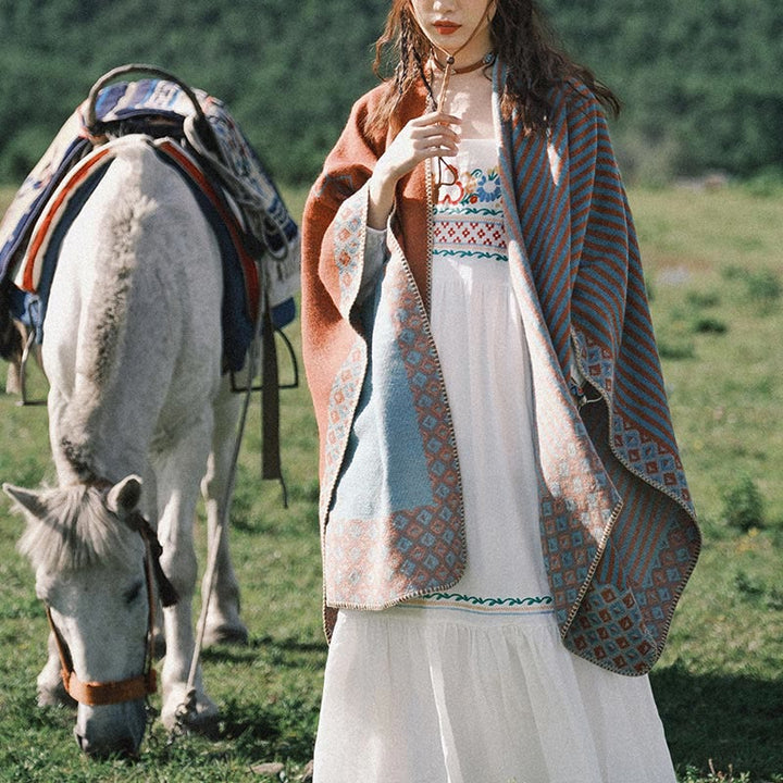 Bufanda tibetana de Buddha Stones con patrón de diamantes a rayas, bufanda suave y cálida para invierno - image 17