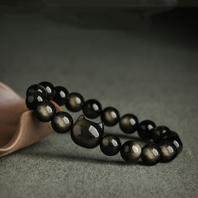 Buddha Stones Obsidiana con brillo dorado Obsidiana con brillo plateado Pata encantadora Pulsera de protección del gato de la suerte - image 5