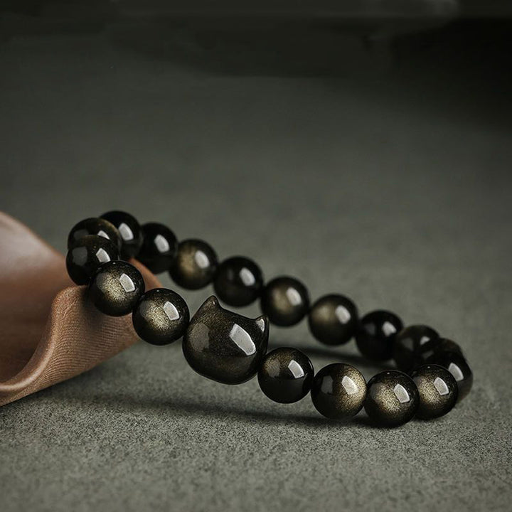 Buddha Stones Obsidiana con brillo dorado Obsidiana con brillo plateado Pata encantadora Pulsera de protección del gato de la suerte - image 5