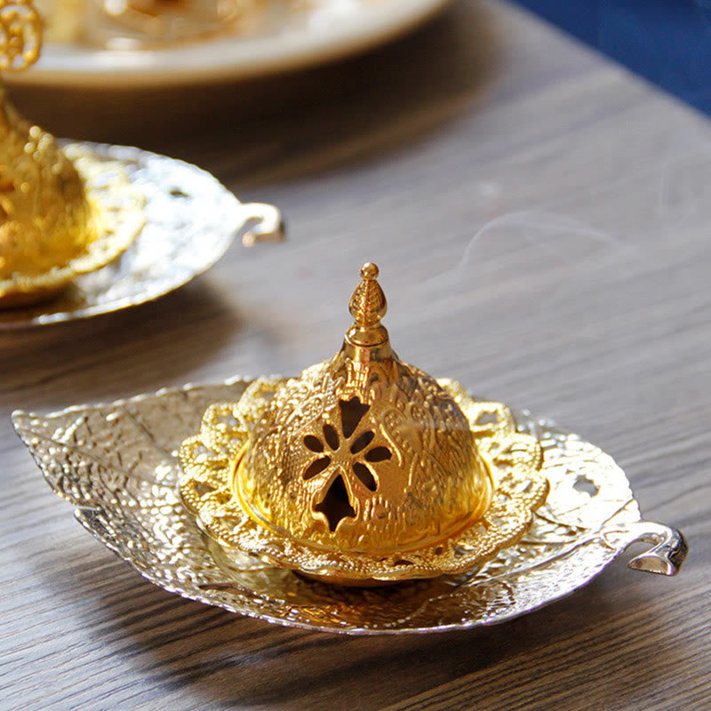 Quemador de incienso de meditación con posavasos de mini hojas de oro tibetano