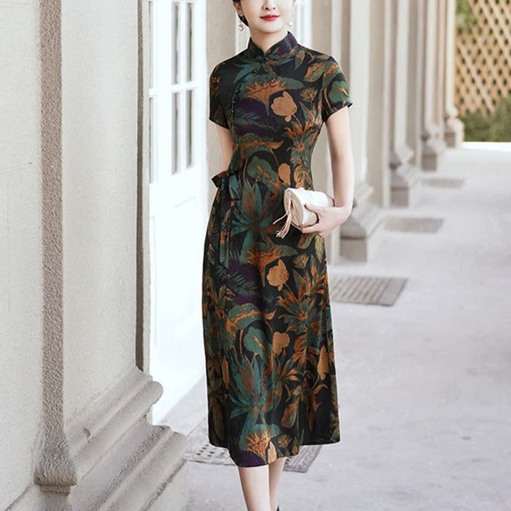Vestido Qipao de seda con Buddha Stones, vestido Cheongsam con patrón de hojas y flores Retro para mujer
