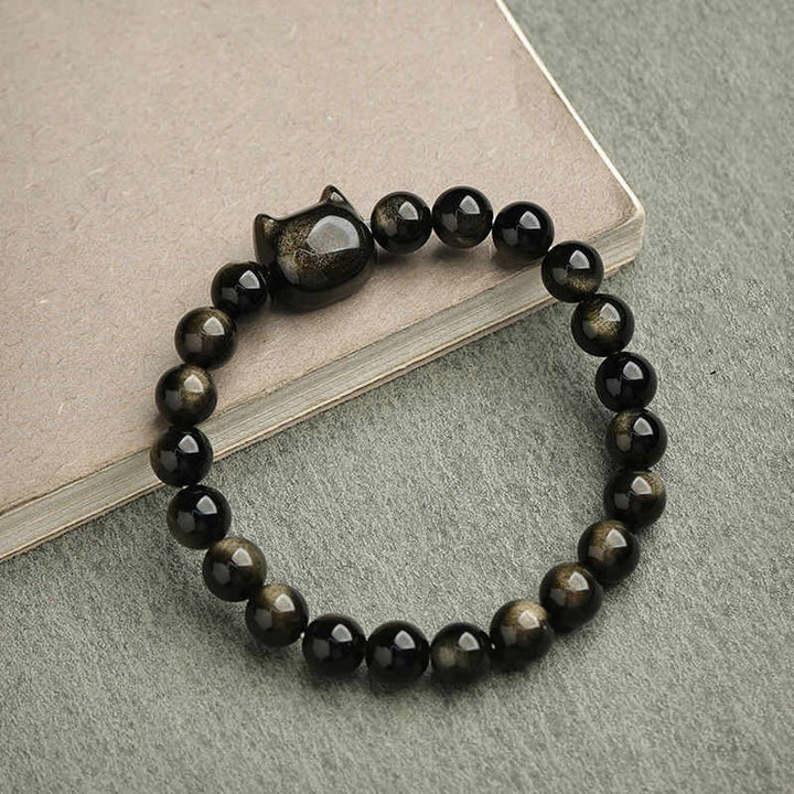Buddha Stones Obsidiana con brillo dorado Obsidiana con brillo plateado Pata encantadora Pulsera de protección del gato de la suerte - image 6
