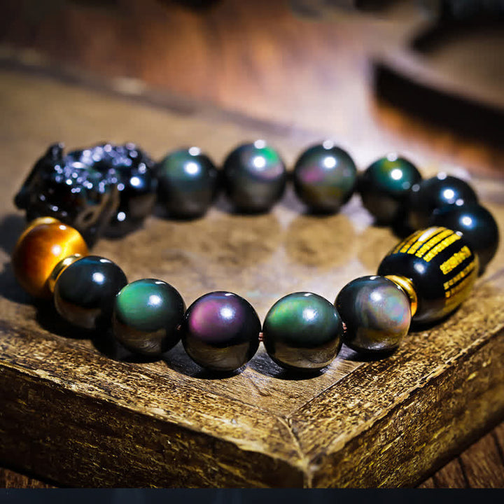 Pulsera positiva con Buddha Stones FengShui PiXiu, obsidiana arcoíris, ónix negro, ojo de tigre