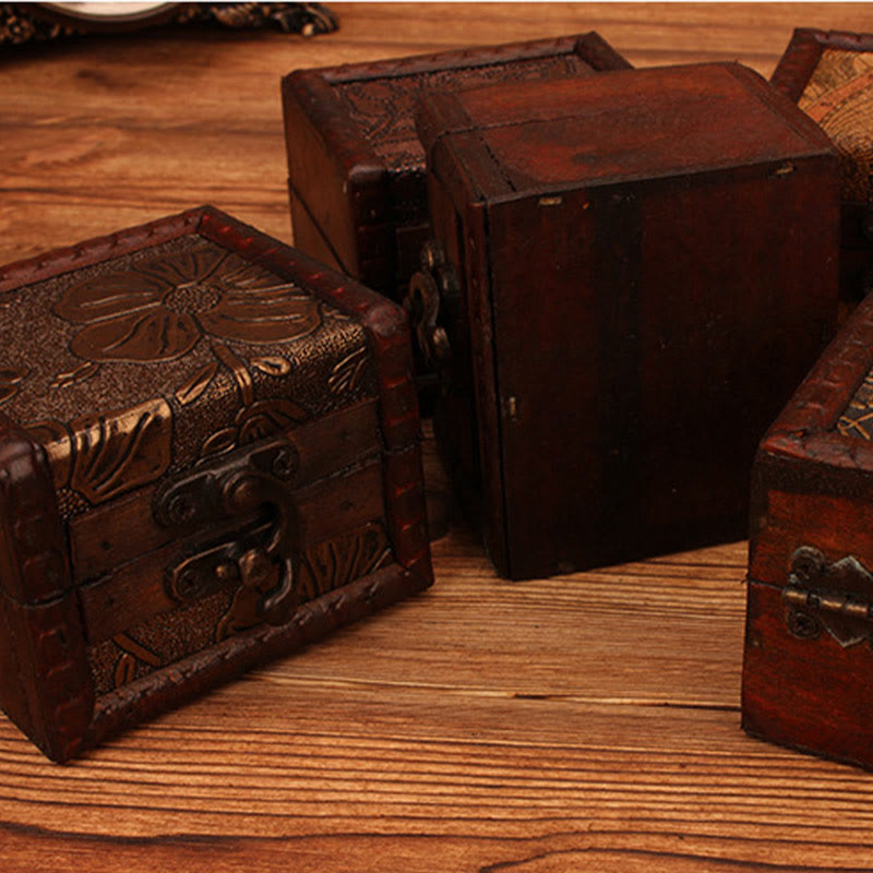 Caja de joyería de madera cuadrada pequeña Retro con Buddha Stones , flor de loto, uva, cobre, moneda, narciso, caja de almacenamiento de joyería
