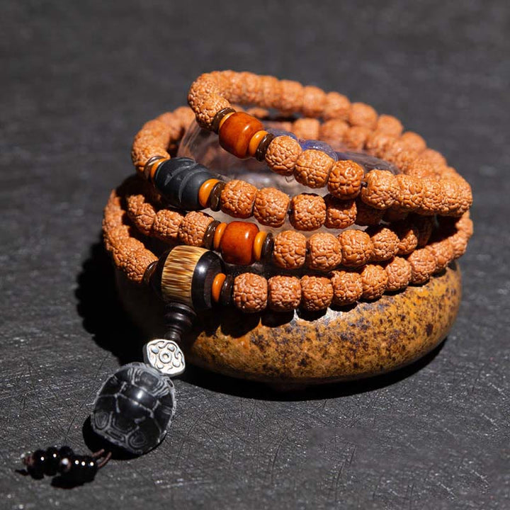 Tíbet 108 Mala cuentas Rudraksha Bodhi semilla zodiaco chino Buda Natal pulsera con dijes de riqueza
