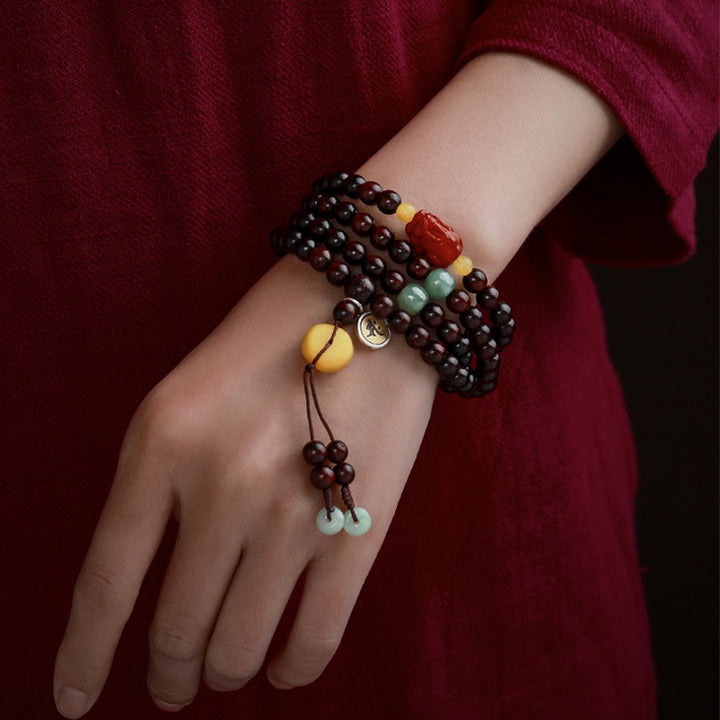 Buddha Stones zodiaco chino Buda Natal 108 cuentas Mala hoja pequeña sándalo rojo ágata roja pulsera de protección PiXiu