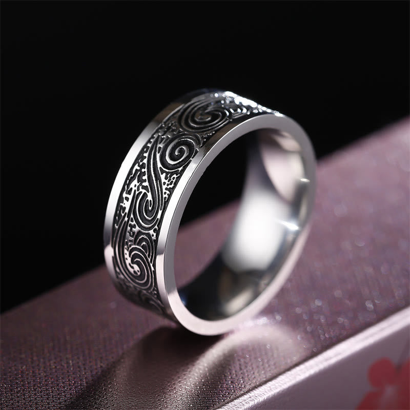 Anillo de equilibrio de acero de titanio con patrón grabado de nubes auspiciosas de onda vintage - image 2