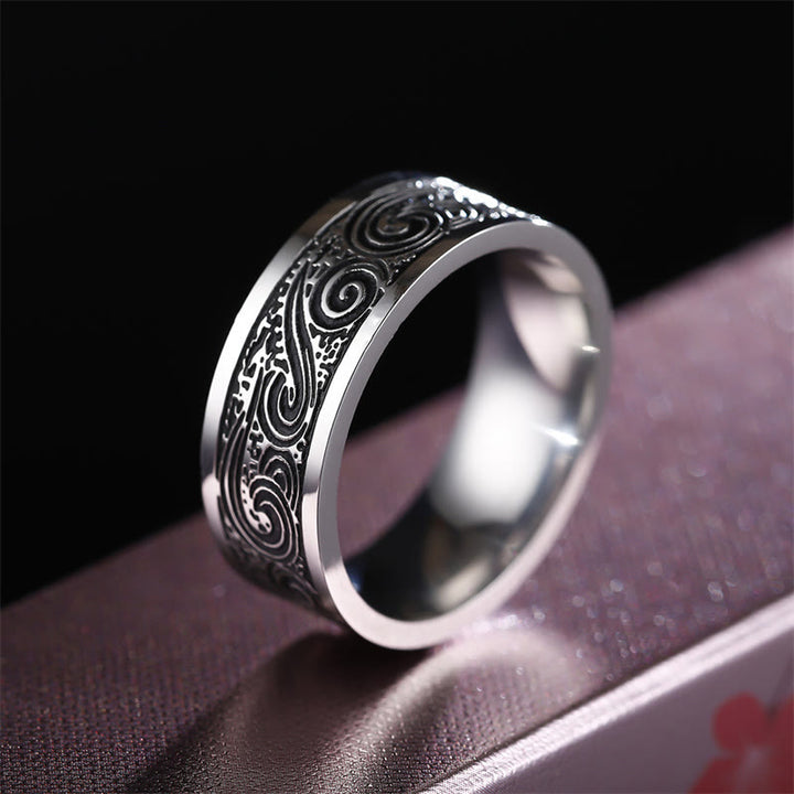Anillo de equilibrio de acero de titanio con patrón grabado de nubes auspiciosas de onda vintage - image 2