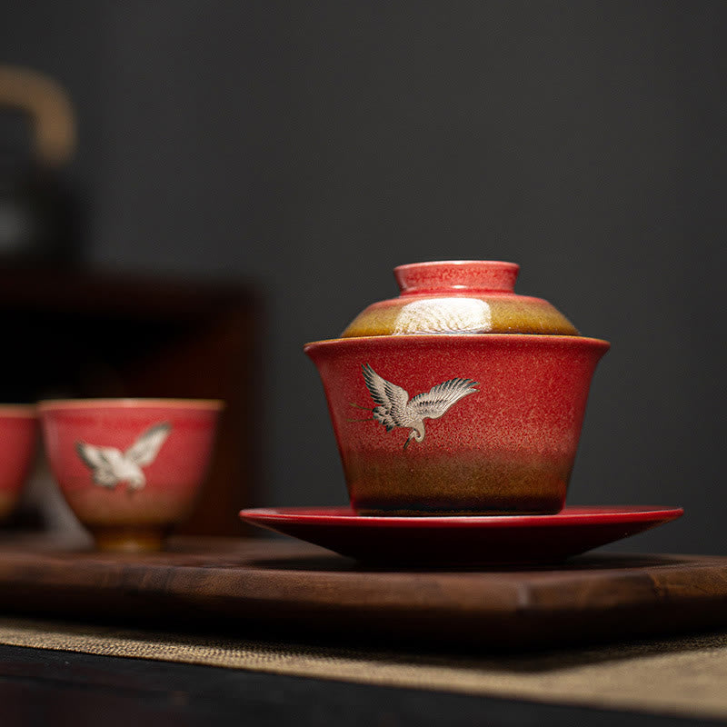 Taza de té y platillo con tapa, Gaiwan Sancai de cerámica con grulla roja, Buddha Stones, Kung Fu