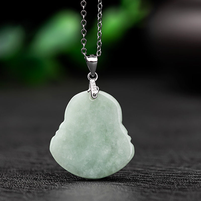Collar con colgante de cadena de acero y titanio con Buddha Stones sonriente y bendición de jade - image 6