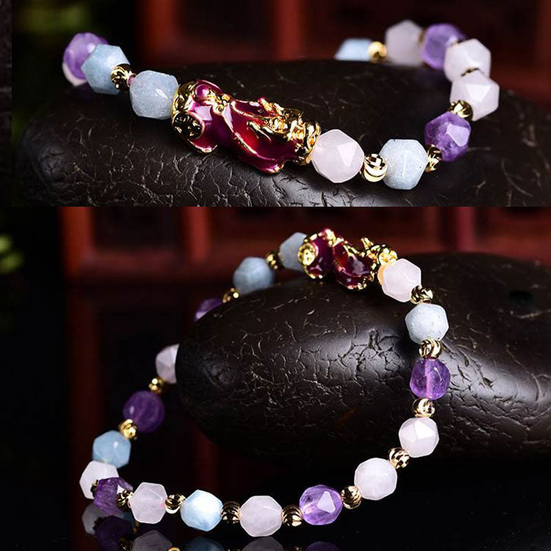 Pulsera con dijes de Pixiu de la fortuna de amatista natural
