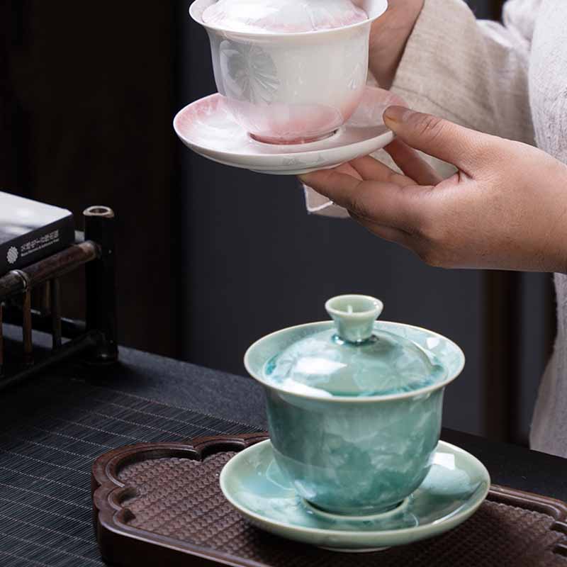 Taza de té de cerámica esmaltada tradicional Gaiwan Sancai con Buddha Stones , taza de té y platillo de Kung Fu con tapa, 180ml
