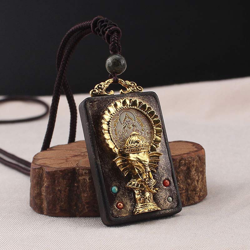 Colgante de cuerda con collar de bendición de Buda, Dios de la fortuna, elefante de madera de ébano
