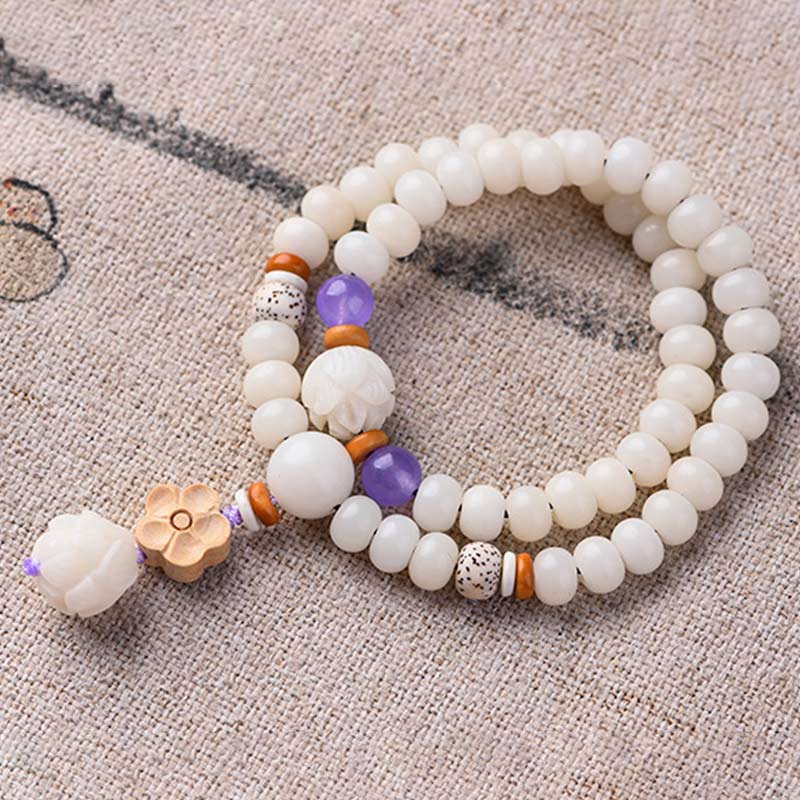 Pulsera de bendición de loto Bodhi de jade blanco tibetano con Buddha Stones