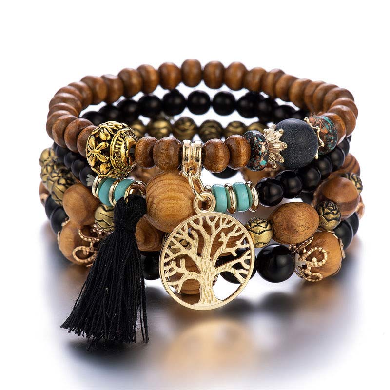 Pulsera curativa con borlas de árbol en capas de madera de wengué
