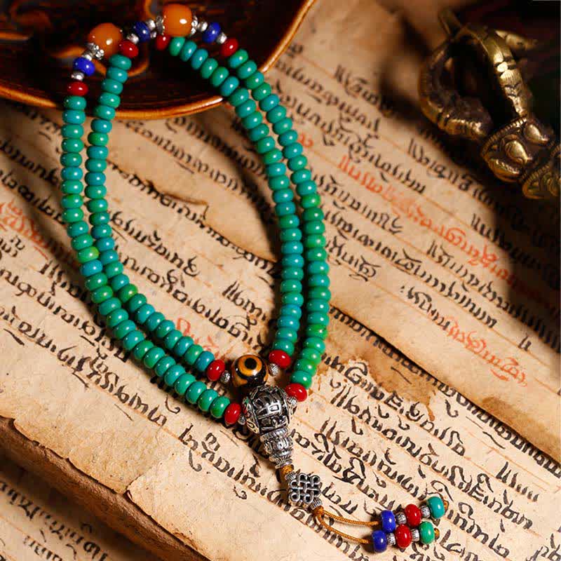 Pulsera de protección de cuentas Dzi de turquesa tibetana con 108 cuentas Mala